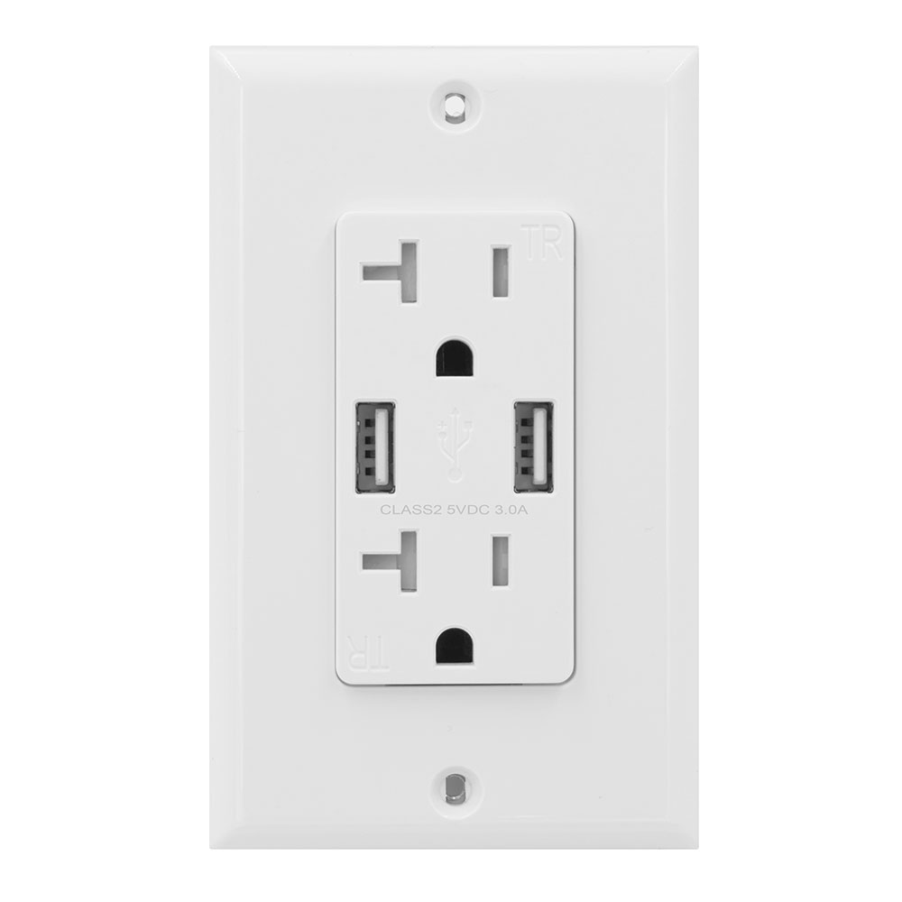USI Electric Type A USB Charger 20 Amp Tamper Resistant Wall Outlet, White  - USB2R2WH20A36