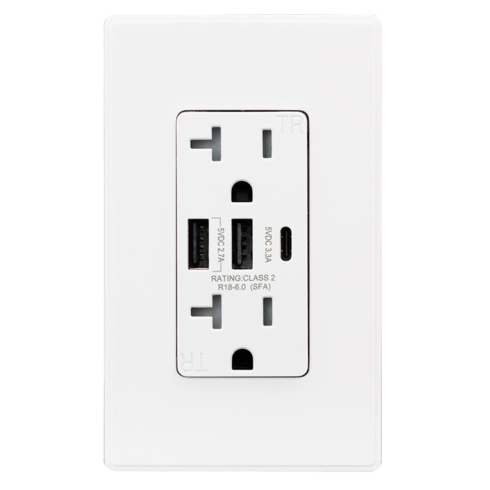 USI Electric A & C USB Chargers 20 Amp Tamper Resistant Wall Outlet, White  - USB2R3WH20CA